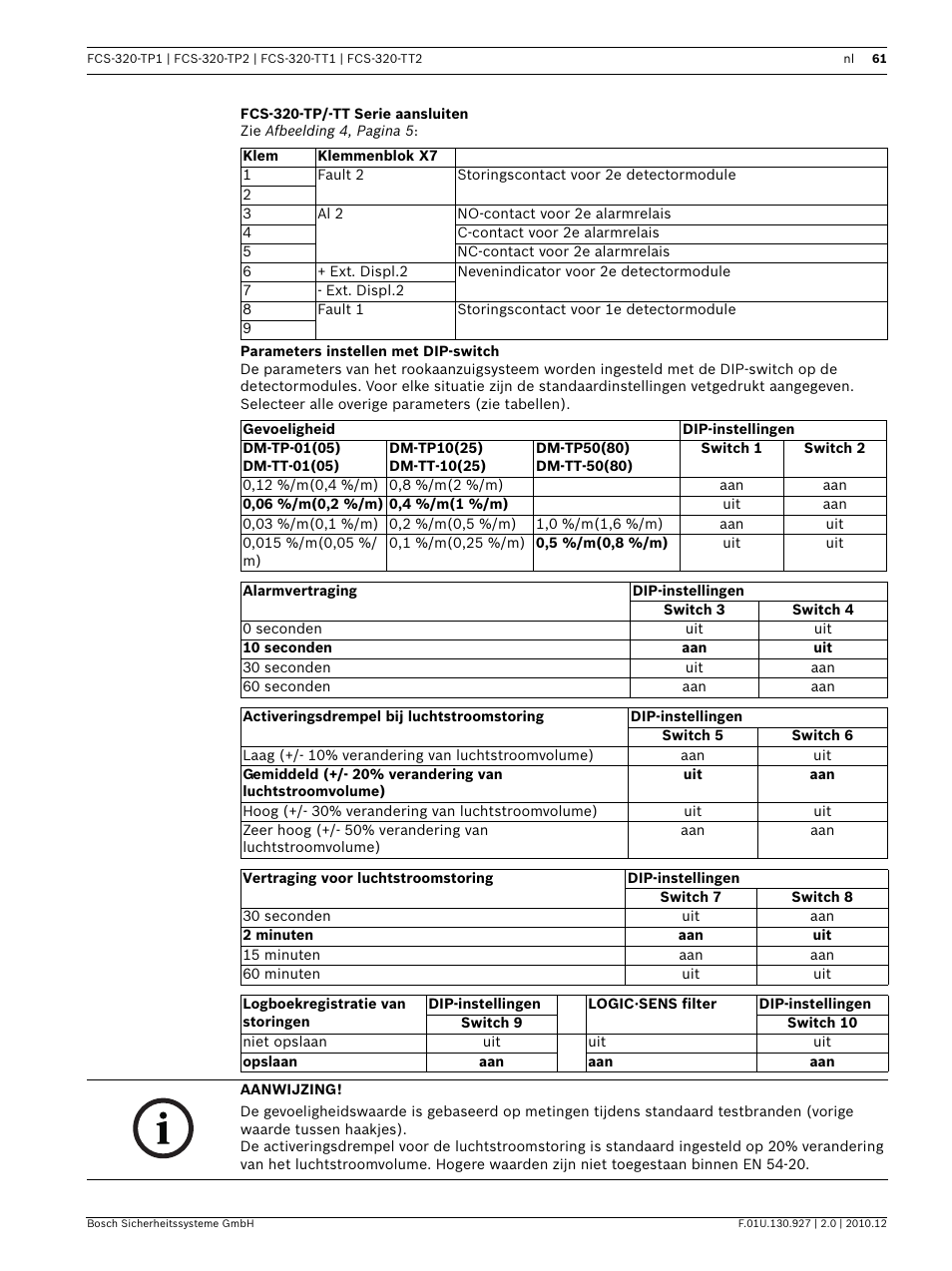 Fcs-320-tp/-tt serie aansluiten, Parameters instellen met dip-switch | Bosch FCS-320-TP Series Conventional Aspirating Smoke Detectors User Manual | Page 61 / 96