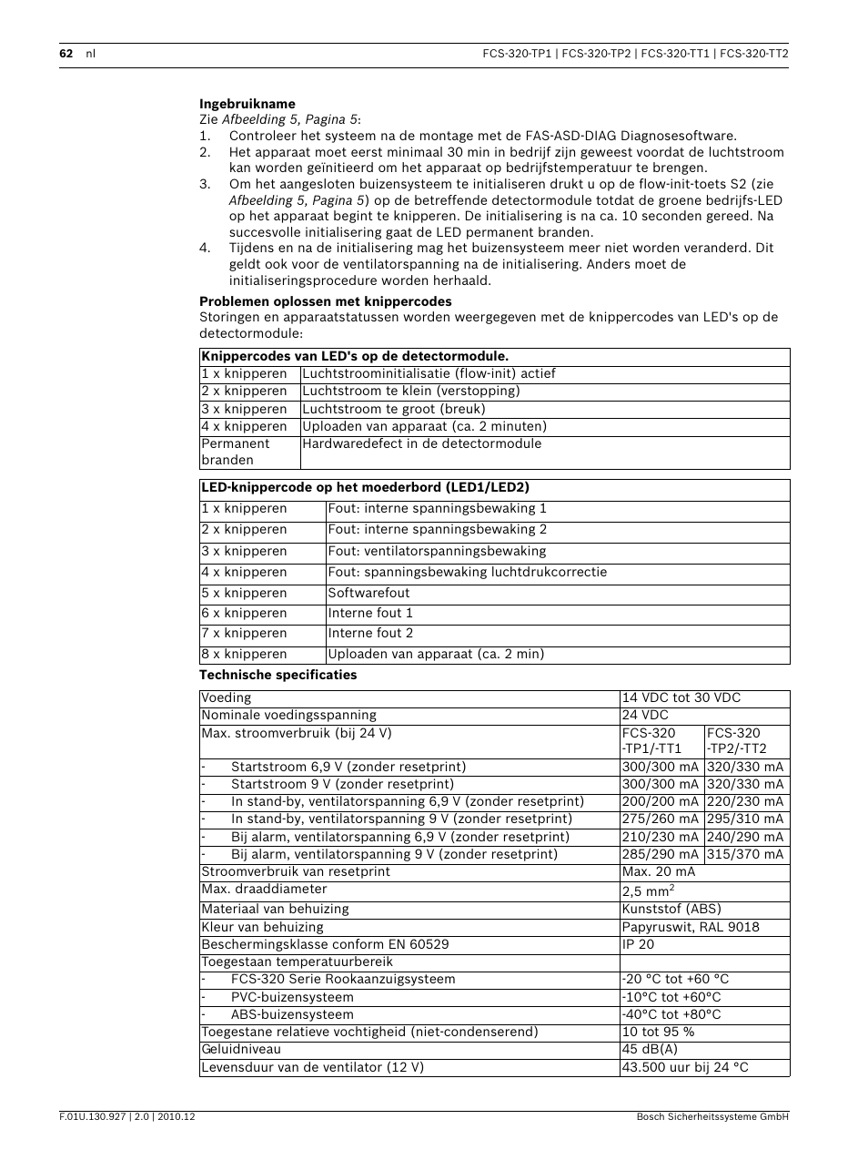 Ingebruikname, Problemen oplossen met knippercodes, Technische specificaties | Bosch FCS-320-TP Series Conventional Aspirating Smoke Detectors User Manual | Page 62 / 96