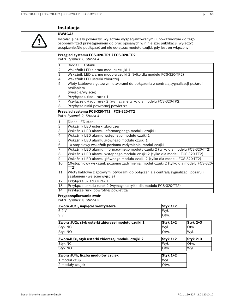 Instalacja, Przegląd systemu fcs-320-tp1 i fcs-320-tp2, Przegląd systemu fcs-320-tt1 i fcs-320-tt2 | Przyporządkowanie zwór | Bosch FCS-320-TP Series Conventional Aspirating Smoke Detectors User Manual | Page 63 / 96