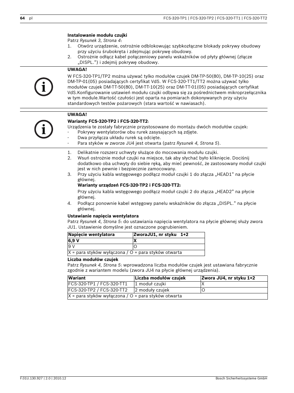 Instalowanie modułu czujki, Ustawianie napięcia wentylatora, Liczba modułów czujek | Bosch FCS-320-TP Series Conventional Aspirating Smoke Detectors User Manual | Page 64 / 96