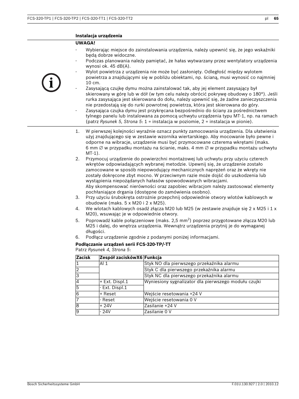 Instalacja urządzenia, Podłączanie urządzeń serii fcs-320-tp/-tt | Bosch FCS-320-TP Series Conventional Aspirating Smoke Detectors User Manual | Page 65 / 96