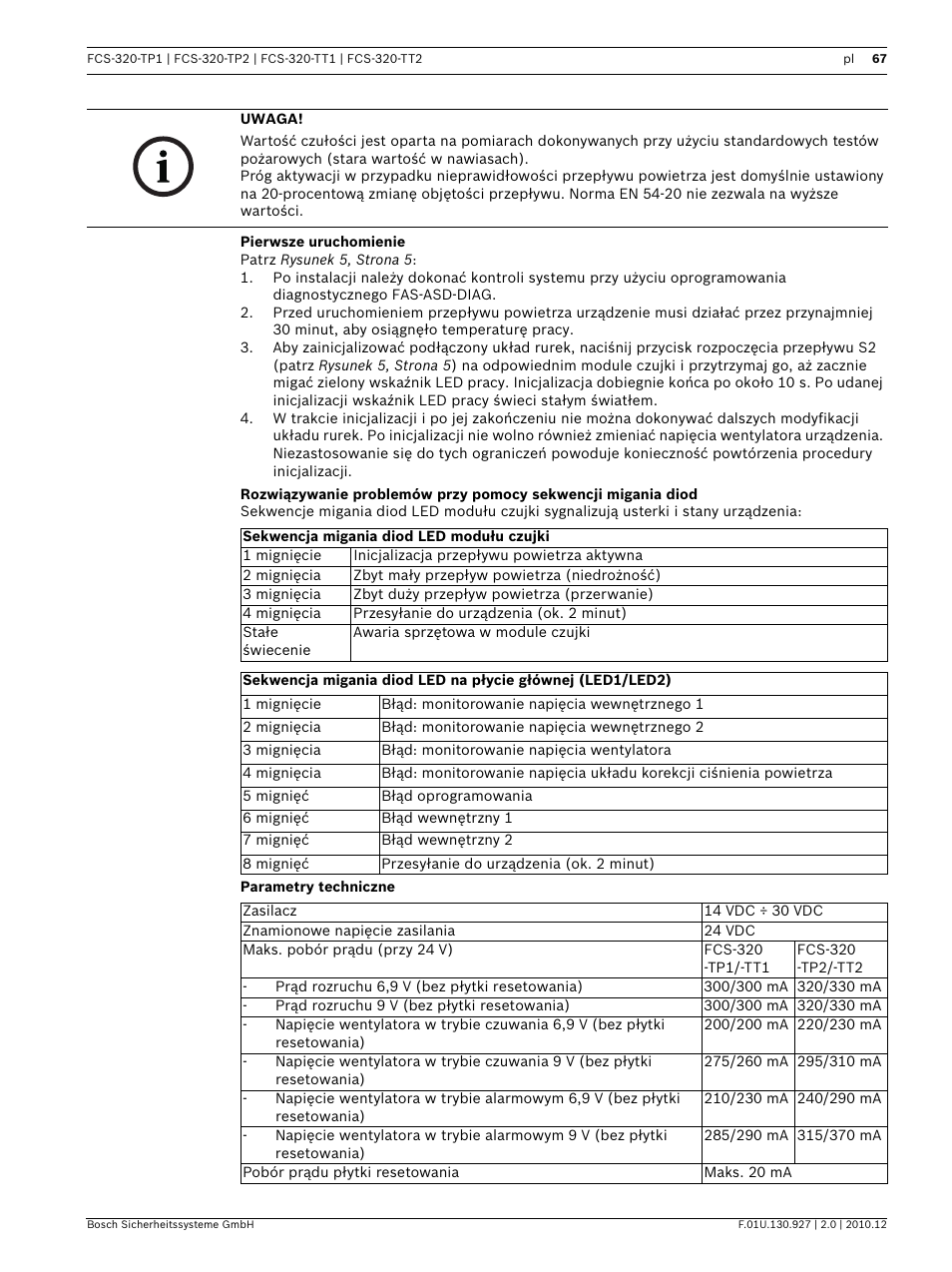 Pierwsze uruchomienie, Parametry techniczne | Bosch FCS-320-TP Series Conventional Aspirating Smoke Detectors User Manual | Page 67 / 96