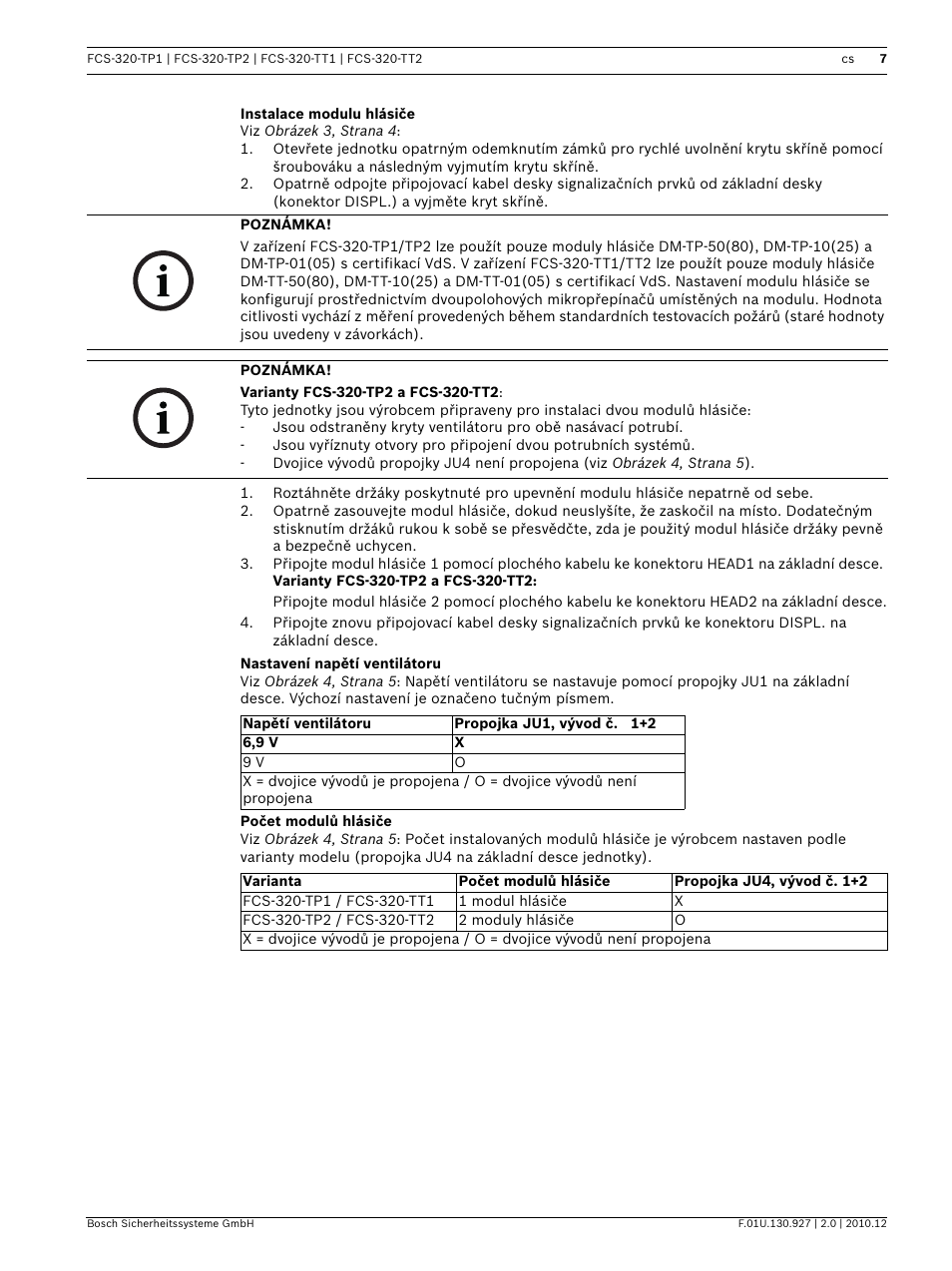 Instalace modulu hlásiče, Nastavení napětí ventilátoru, Počet modulů hlásiče | Bosch FCS-320-TP Series Conventional Aspirating Smoke Detectors User Manual | Page 7 / 96