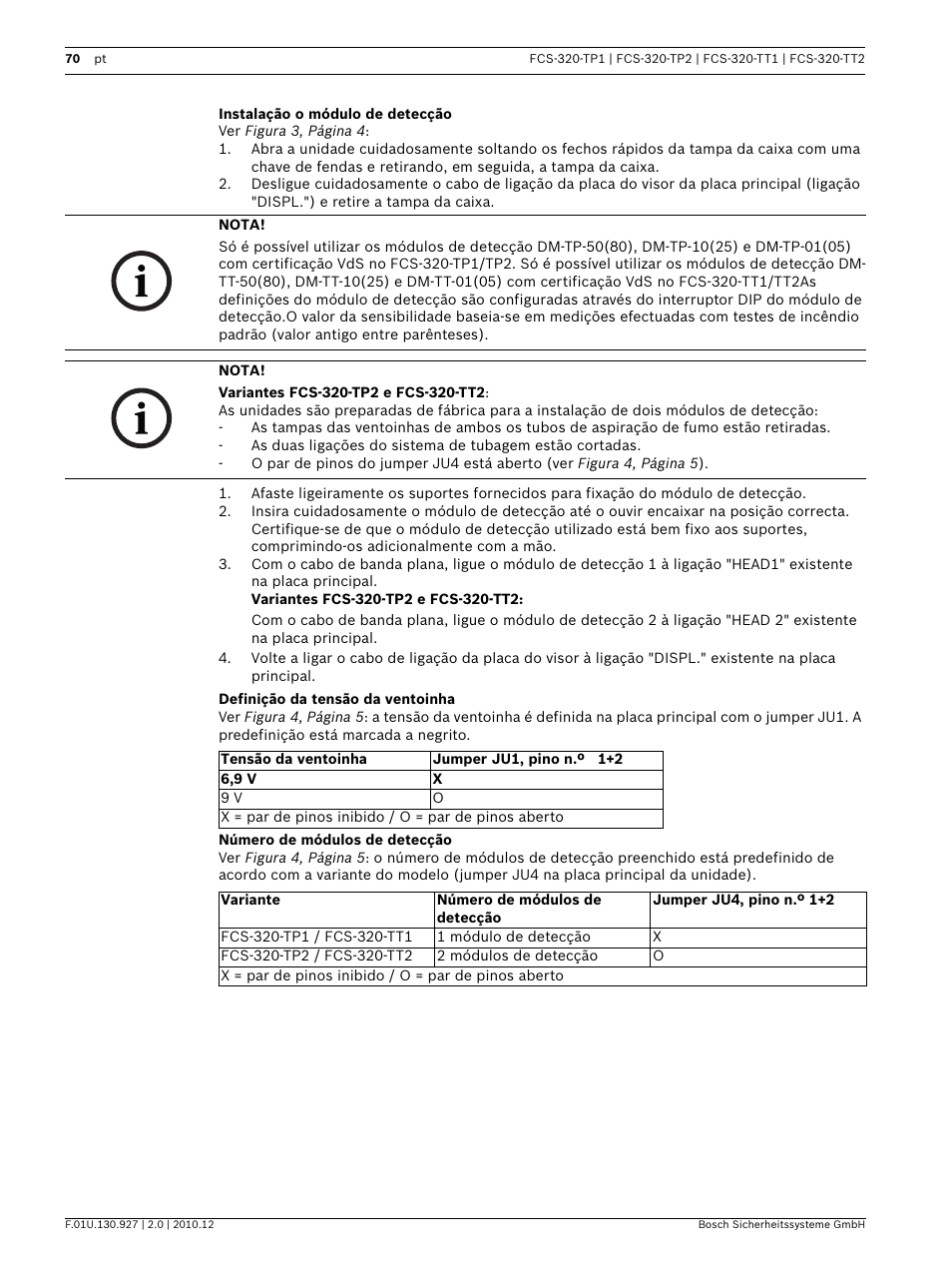 Instalação o módulo de detecção, Definição da tensão da ventoinha, Número de módulos de detecção | Bosch FCS-320-TP Series Conventional Aspirating Smoke Detectors User Manual | Page 70 / 96