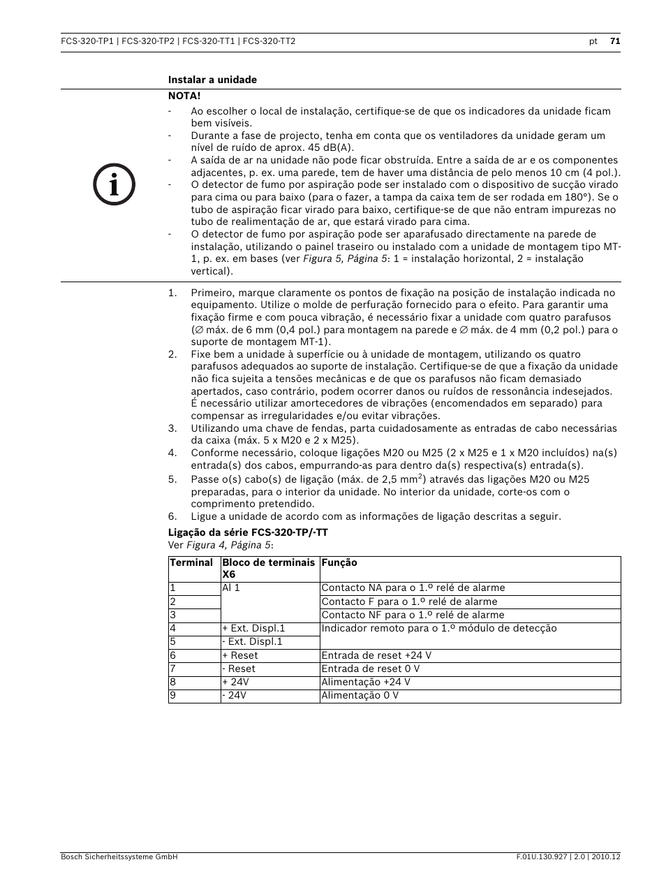 Instalar a unidade, Ligação da série fcs-320-tp/-tt | Bosch FCS-320-TP Series Conventional Aspirating Smoke Detectors User Manual | Page 71 / 96