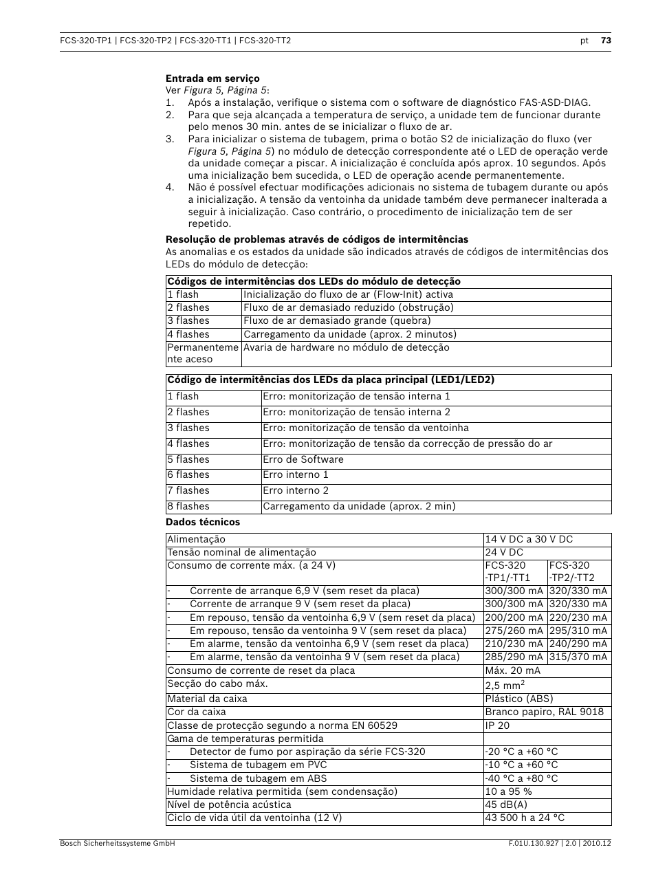Entrada em serviço, Dados técnicos | Bosch FCS-320-TP Series Conventional Aspirating Smoke Detectors User Manual | Page 73 / 96