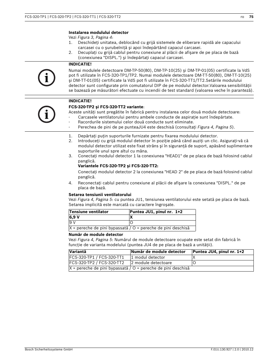 Instalarea modulului detector, Setarea tensiunii ventilatorului, Număr de module detector | Bosch FCS-320-TP Series Conventional Aspirating Smoke Detectors User Manual | Page 75 / 96