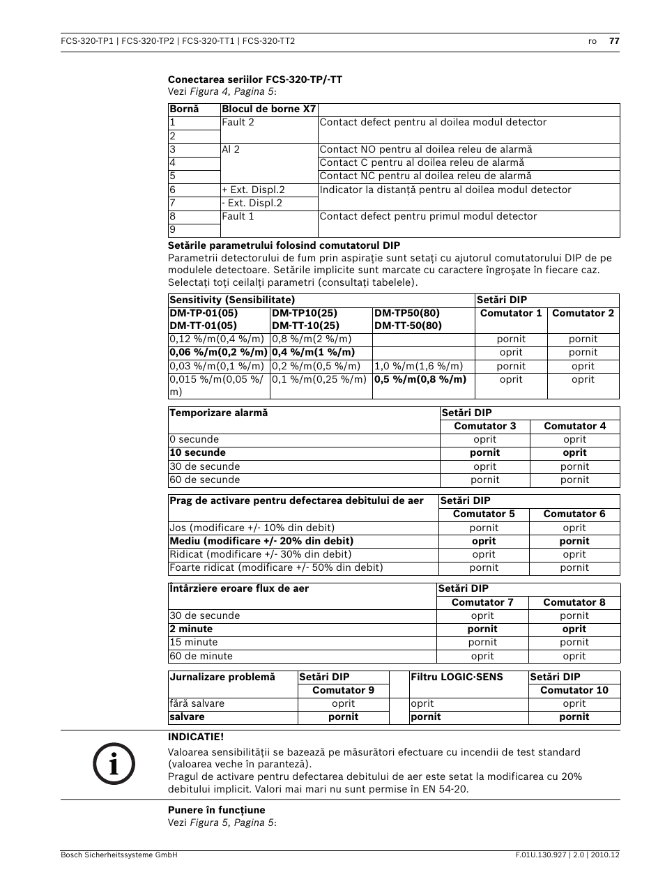 Conectarea seriilor fcs-320-tp/-tt, Setările parametrului folosind comutatorul dip, Punere în funcţiune | Bosch FCS-320-TP Series Conventional Aspirating Smoke Detectors User Manual | Page 77 / 96