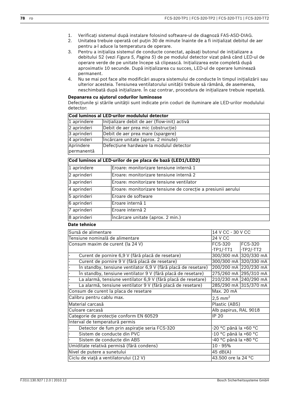 Depanarea cu ajutorul codurilor luminoase, Date tehnice | Bosch FCS-320-TP Series Conventional Aspirating Smoke Detectors User Manual | Page 78 / 96