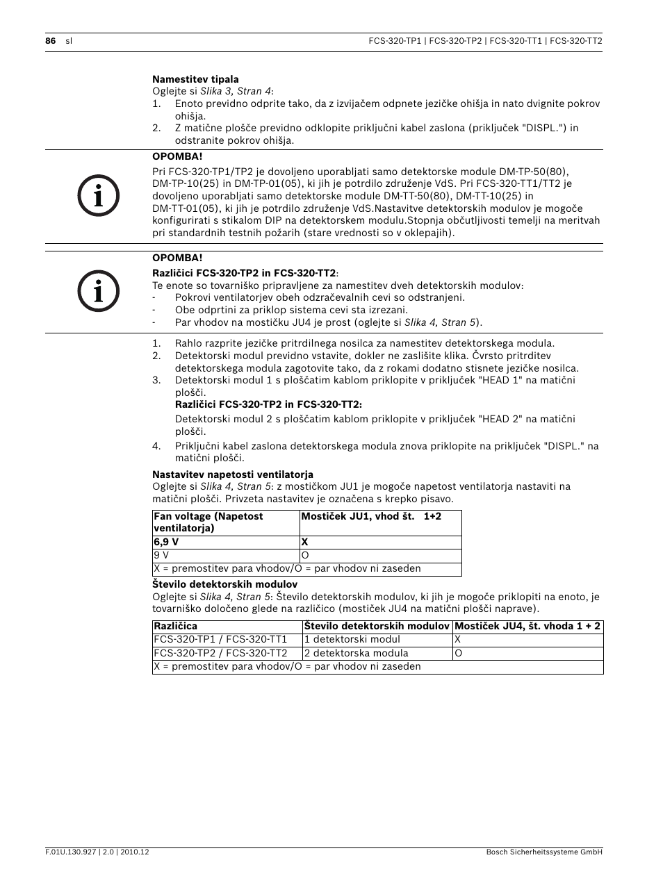 Namestitev tipala, Nastavitev napetosti ventilatorja, Število detektorskih modulov | Bosch FCS-320-TP Series Conventional Aspirating Smoke Detectors User Manual | Page 86 / 96