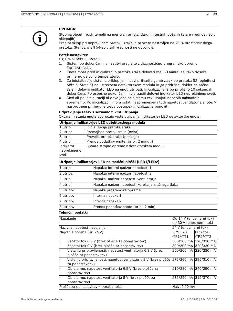 Potek nastavitev, Odpravljanje težav s seznamom vrst utripanja, Tehnični podatki | Bosch FCS-320-TP Series Conventional Aspirating Smoke Detectors User Manual | Page 89 / 96