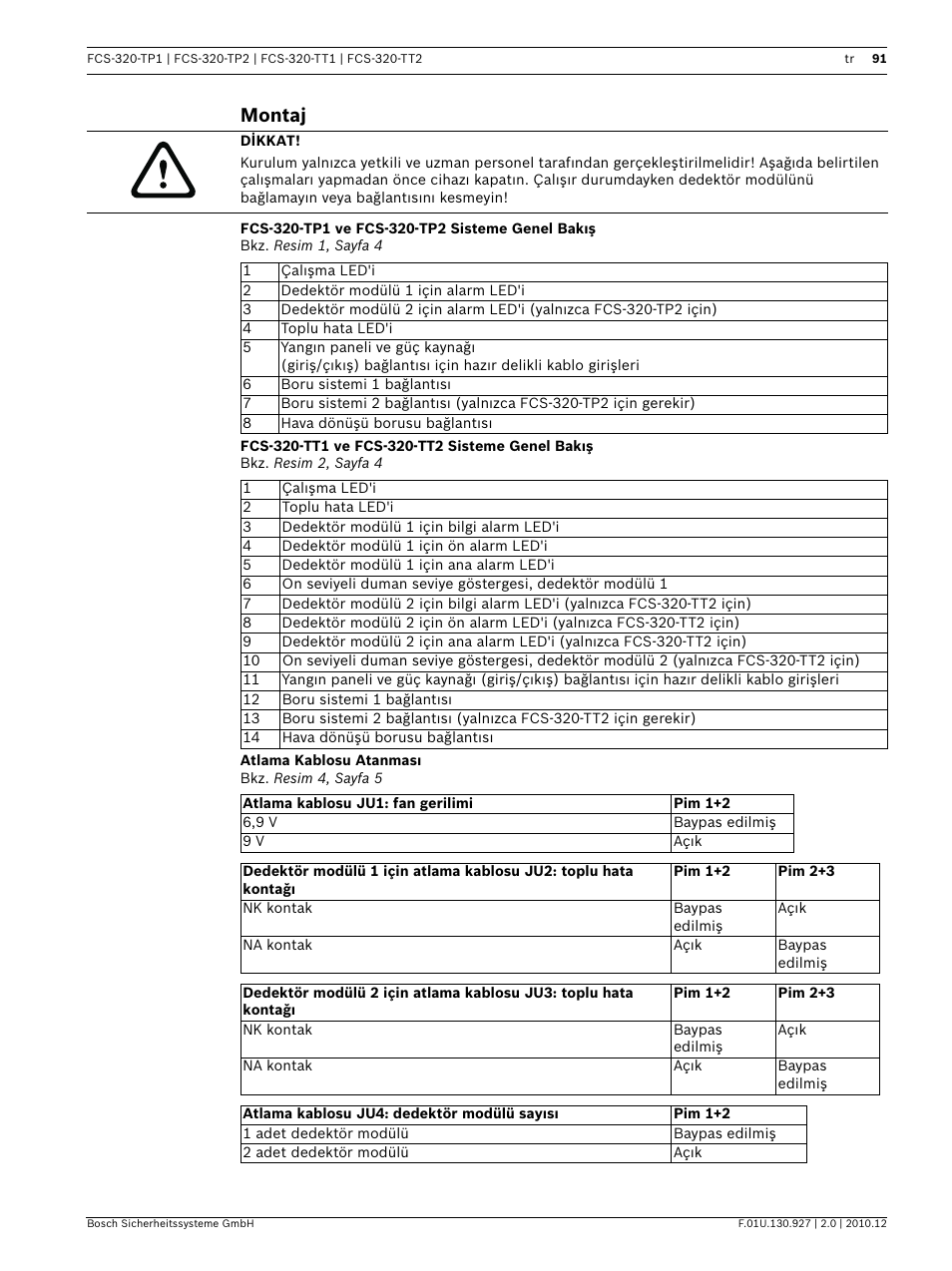 Montaj, Fcs-320-tp1 ve fcs-320-tp2 sisteme genel bakış, Fcs-320-tt1 ve fcs-320-tt2 sisteme genel bakış | Atlama kablosu atanması | Bosch FCS-320-TP Series Conventional Aspirating Smoke Detectors User Manual | Page 91 / 96