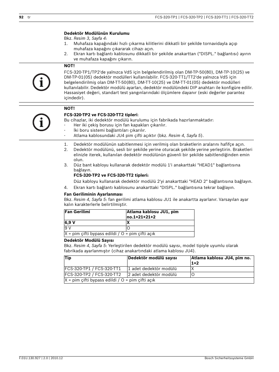 Dedektör modülünün kurulumu, Fan geriliminin ayarlanması, Dedektör modülü sayısı | Bosch FCS-320-TP Series Conventional Aspirating Smoke Detectors User Manual | Page 92 / 96