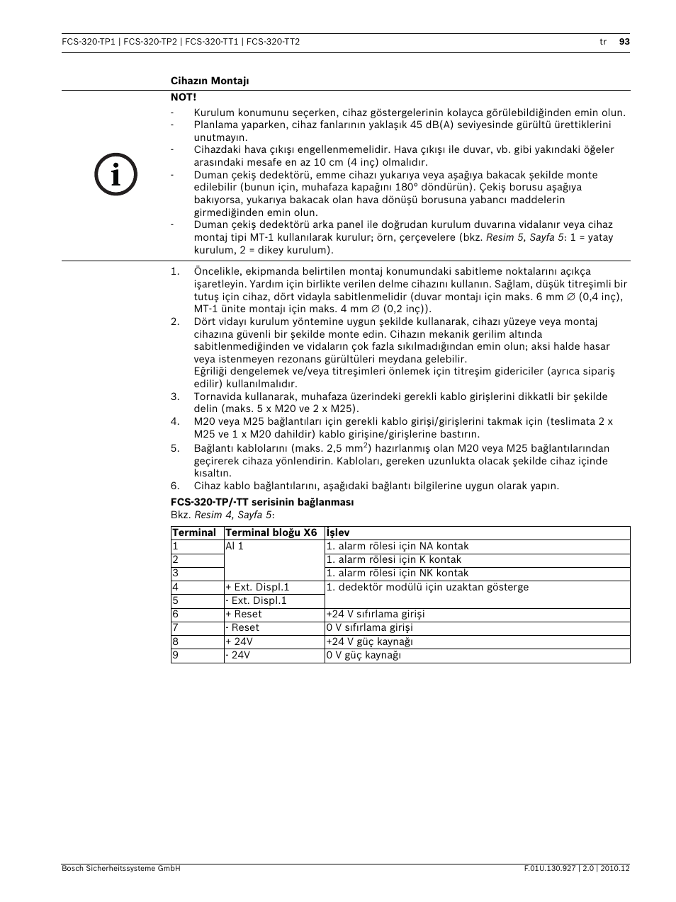 Cihazın montajı, Fcs-320-tp/-tt serisinin bağlanması | Bosch FCS-320-TP Series Conventional Aspirating Smoke Detectors User Manual | Page 93 / 96