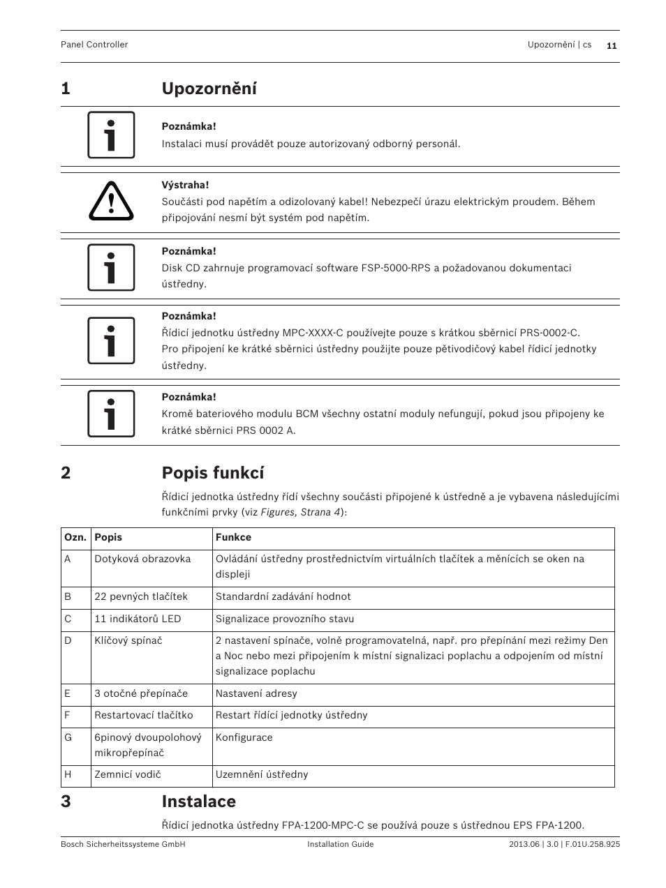 Upozornění, Popis funkcí, Instalace | Bosch Panel Controller User Manual | Page 11 / 60