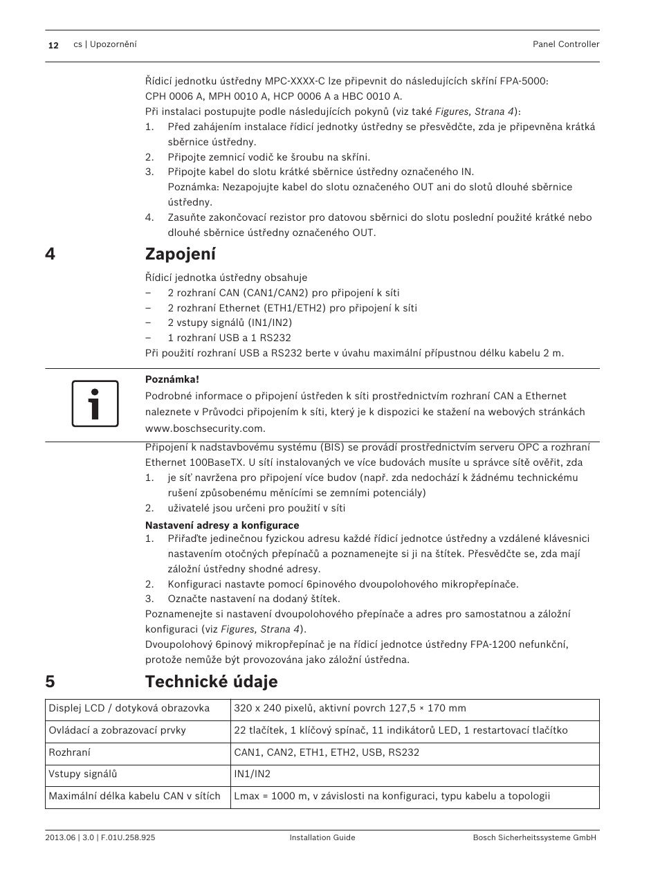 Zapojení, Technické údaje | Bosch Panel Controller User Manual | Page 12 / 60