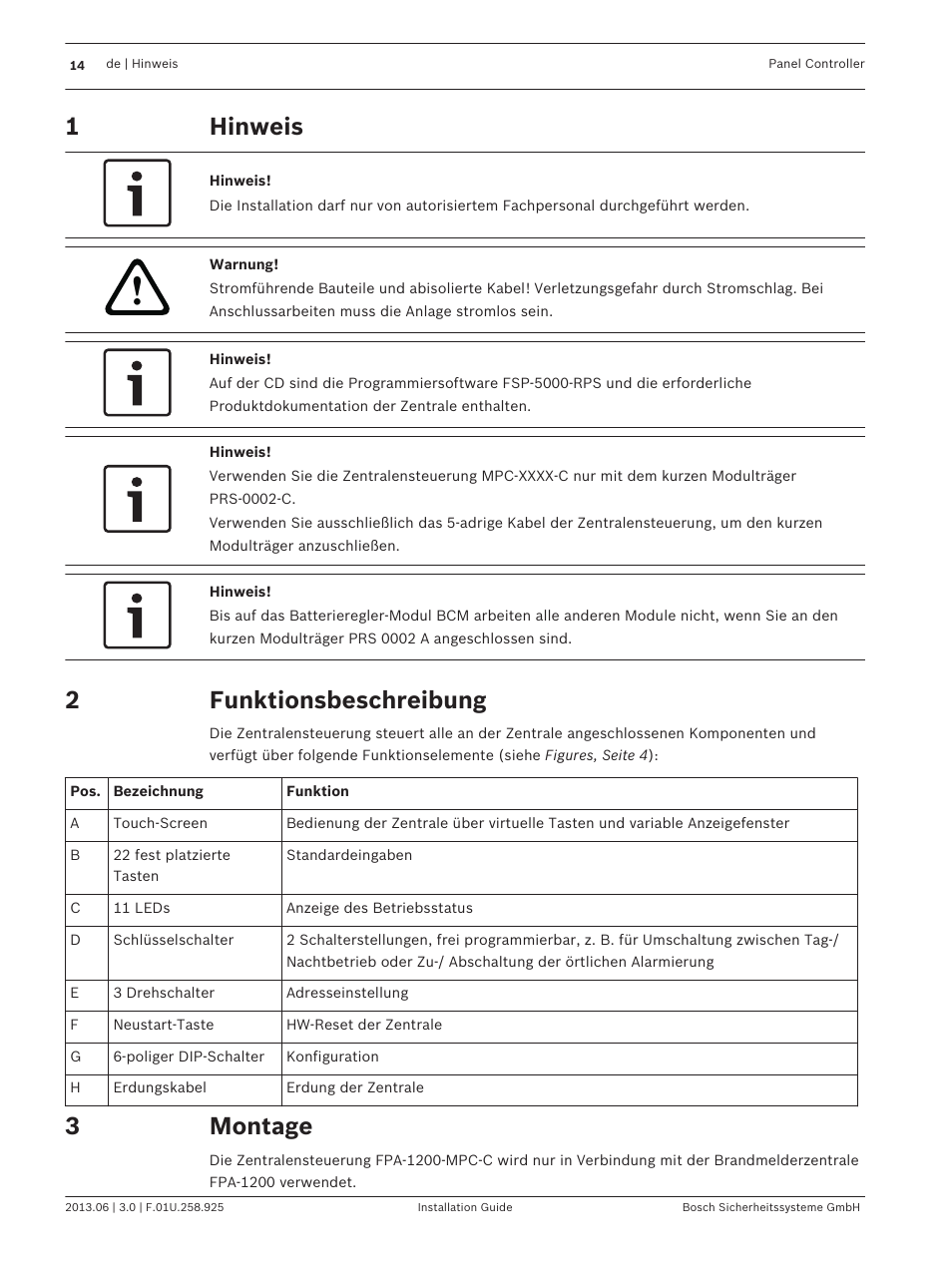 Hinweis, Funktionsbeschreibung, Montage | Bosch Panel Controller User Manual | Page 14 / 60