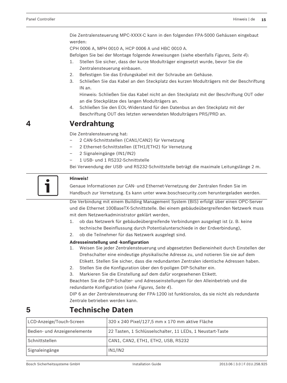 Verdrahtung, Technische daten | Bosch Panel Controller User Manual | Page 15 / 60