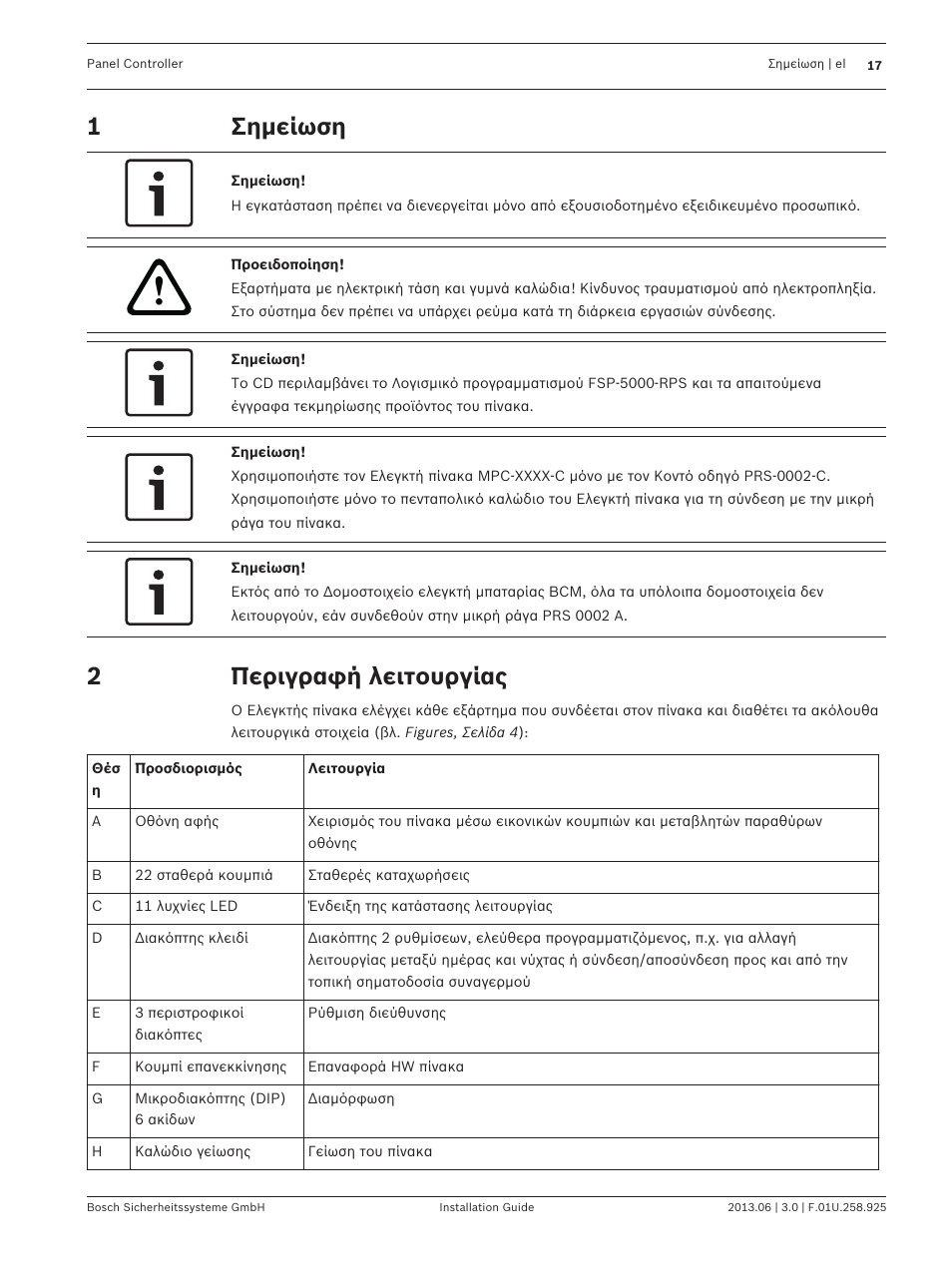 Σημείωση, Περιγραφή λειτουργίας | Bosch Panel Controller User Manual | Page 17 / 60