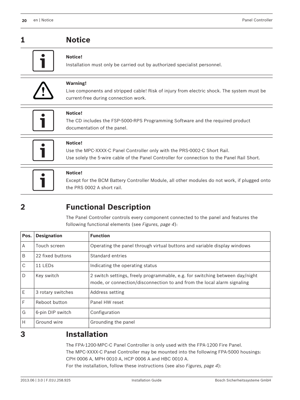 Notice, Functional description, Installation | Bosch Panel Controller User Manual | Page 20 / 60