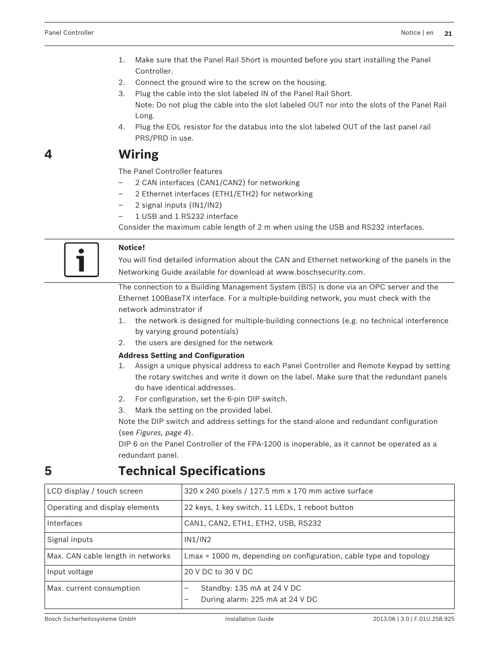 Wiring, Technical specifications | Bosch Panel Controller User Manual | Page 21 / 60