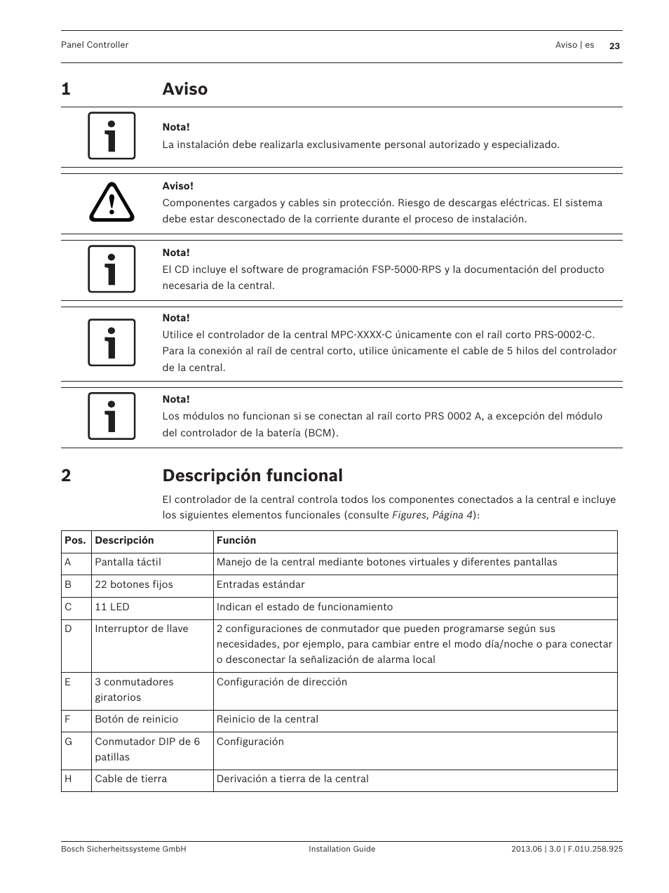 Aviso, Descripción funcional | Bosch Panel Controller User Manual | Page 23 / 60