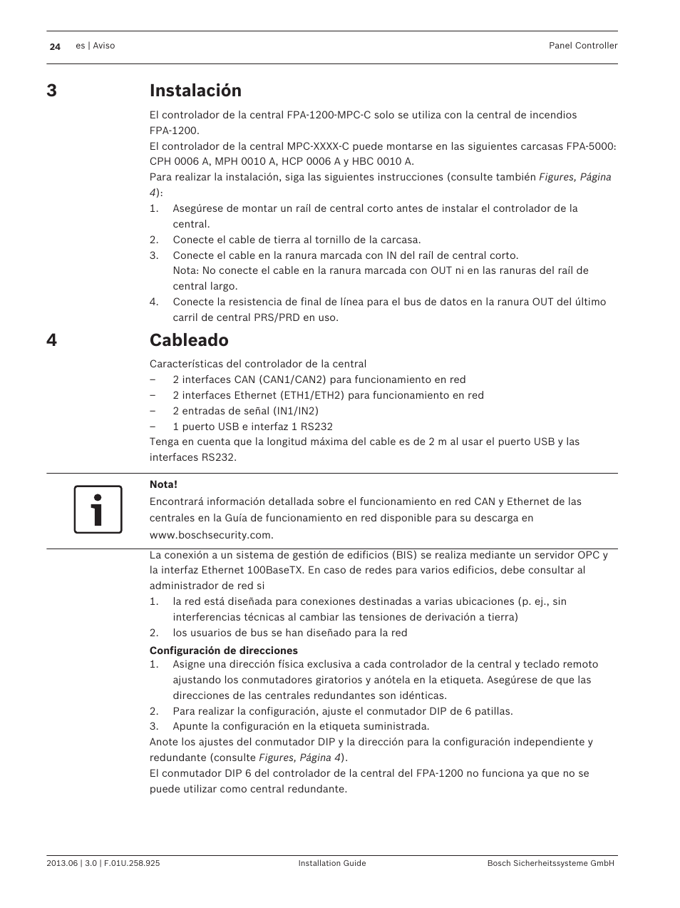 Instalación, Cableado | Bosch Panel Controller User Manual | Page 24 / 60