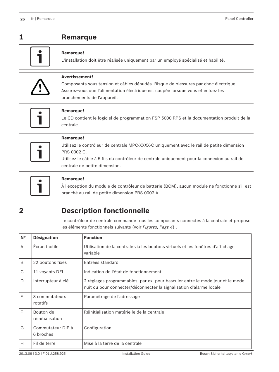 Remarque, Description fonctionnelle | Bosch Panel Controller User Manual | Page 26 / 60