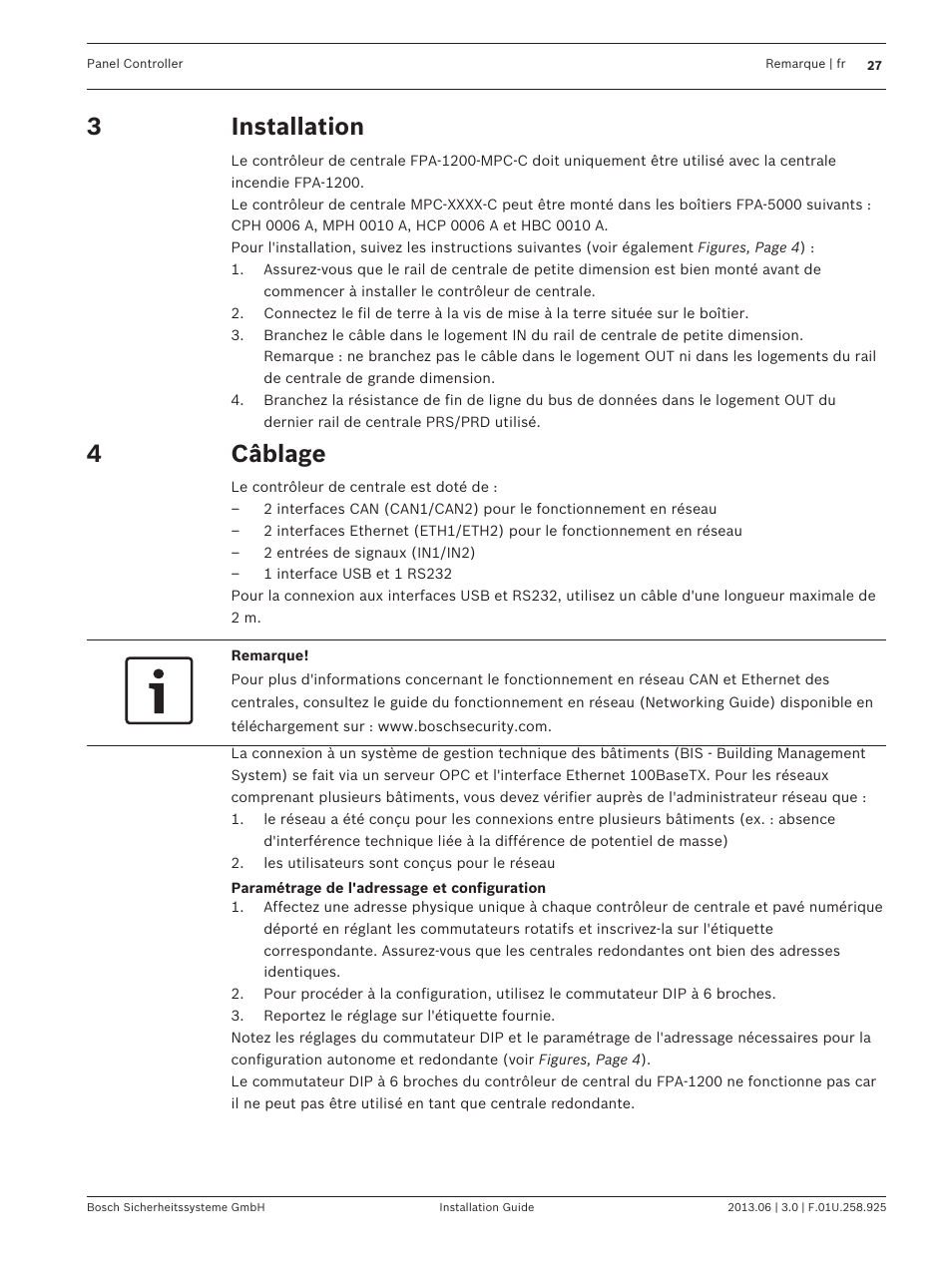 Installation, Câblage | Bosch Panel Controller User Manual | Page 27 / 60