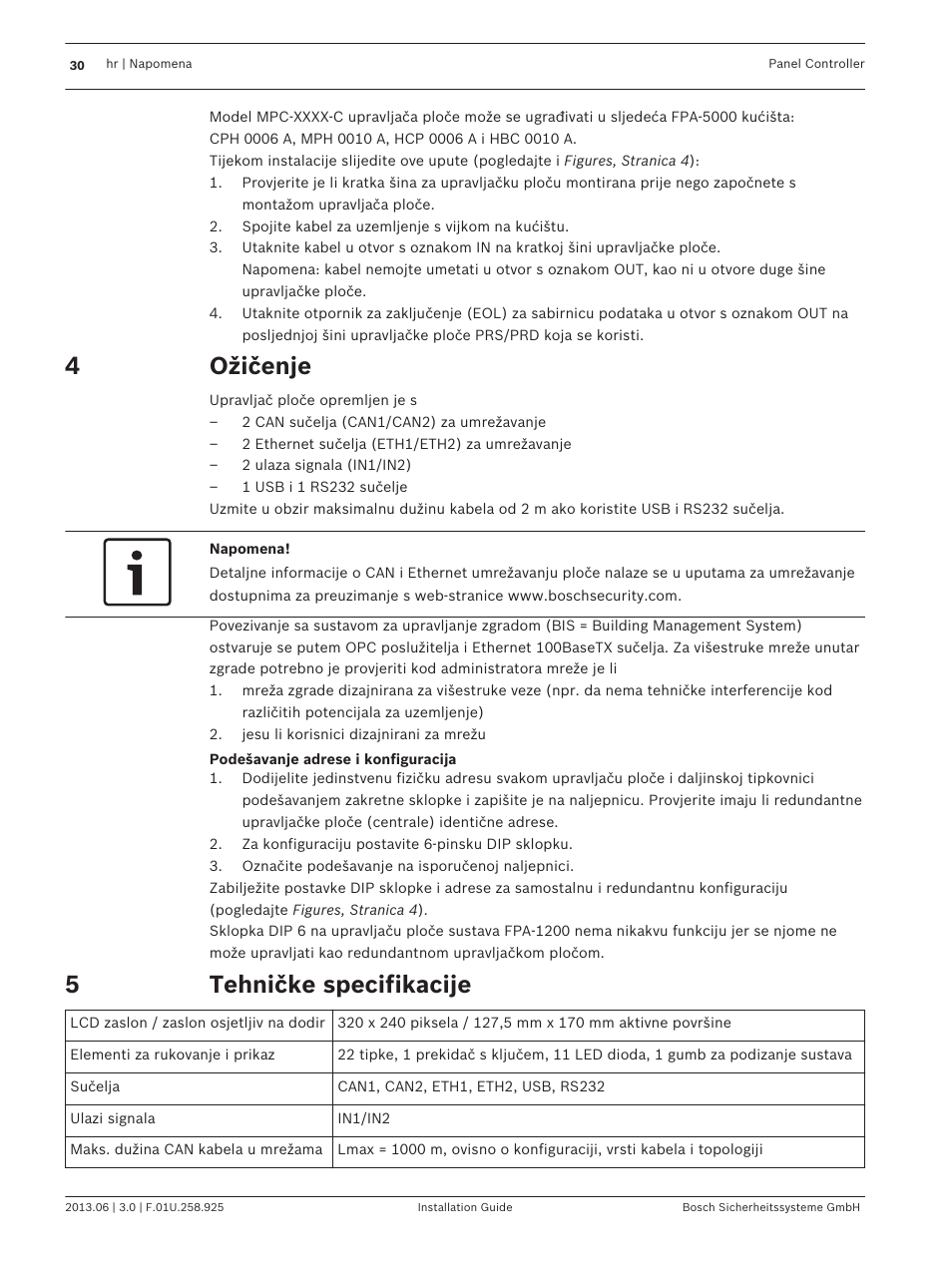 Ožičenje, Tehničke specifikacije | Bosch Panel Controller User Manual | Page 30 / 60