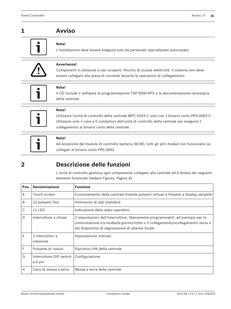 Avviso, Descrizione delle funzioni | Bosch Panel Controller User Manual | Page 35 / 60