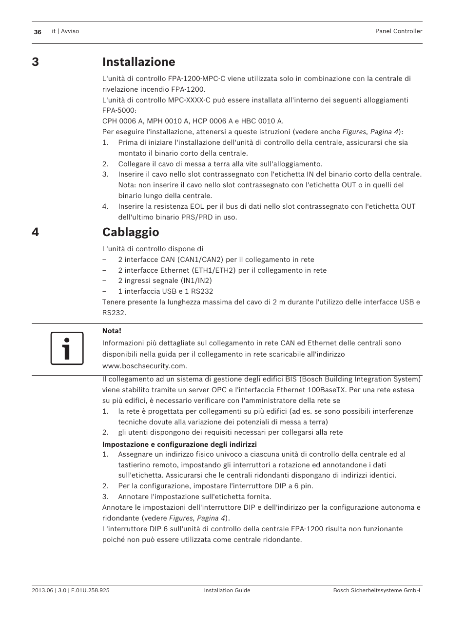 Installazione, Cablaggio | Bosch Panel Controller User Manual | Page 36 / 60