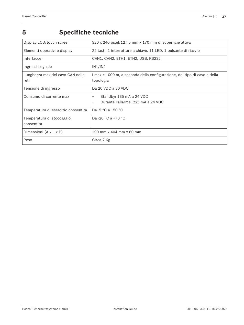 Specifiche tecniche | Bosch Panel Controller User Manual | Page 37 / 60