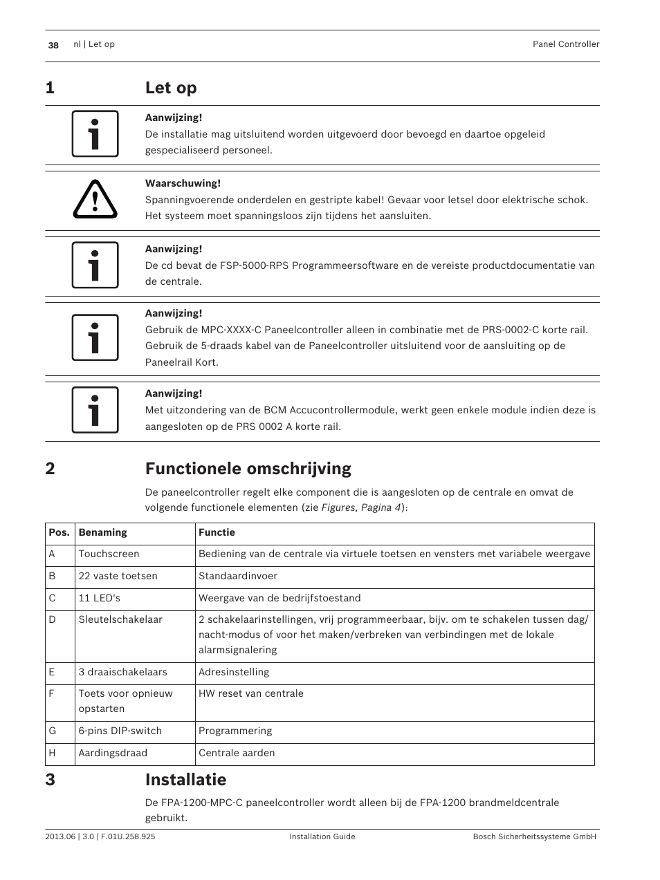 Let op, Functionele omschrijving, Installatie | Bosch Panel Controller User Manual | Page 38 / 60