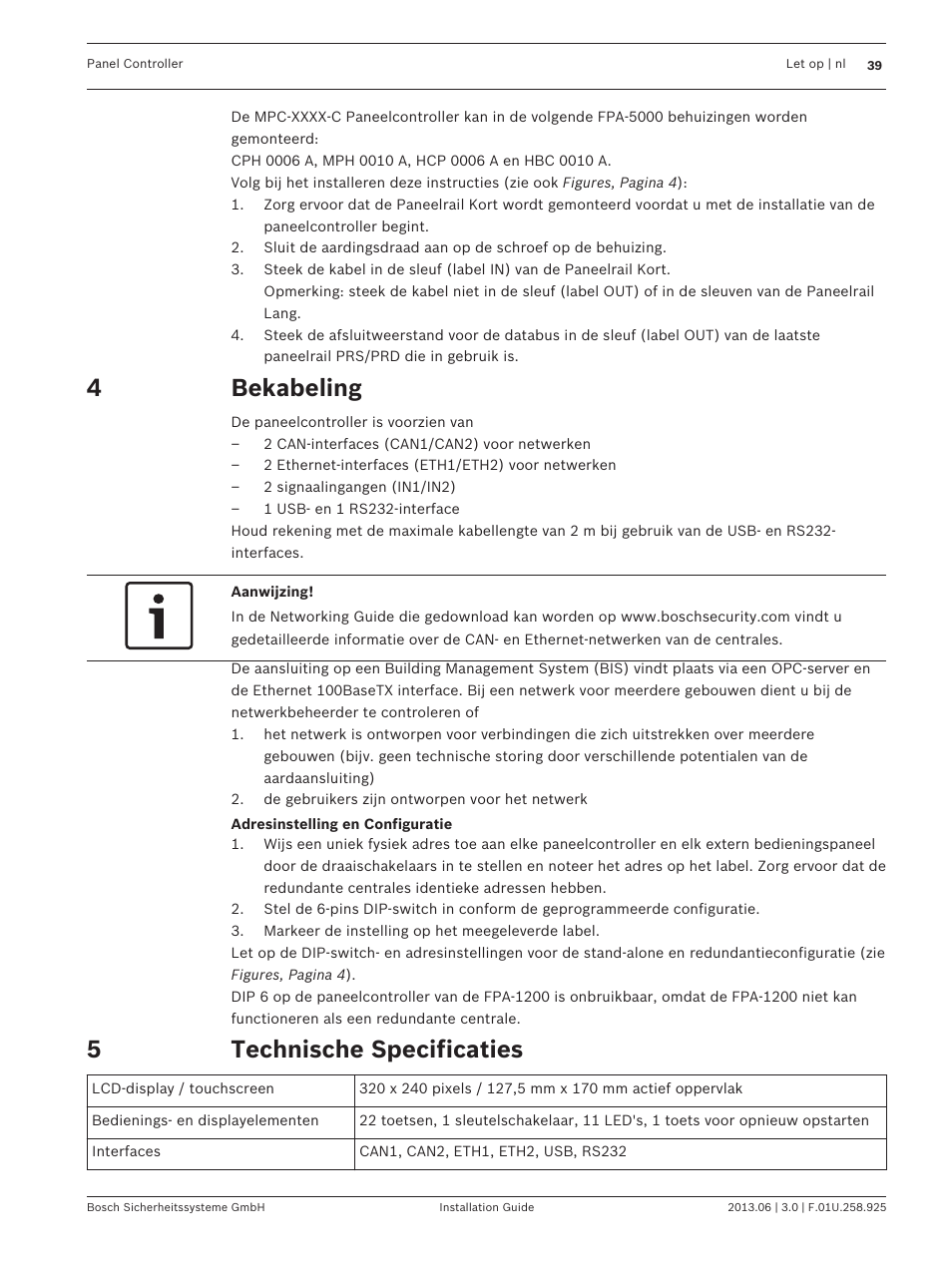 Bekabeling, Technische specificaties | Bosch Panel Controller User Manual | Page 39 / 60