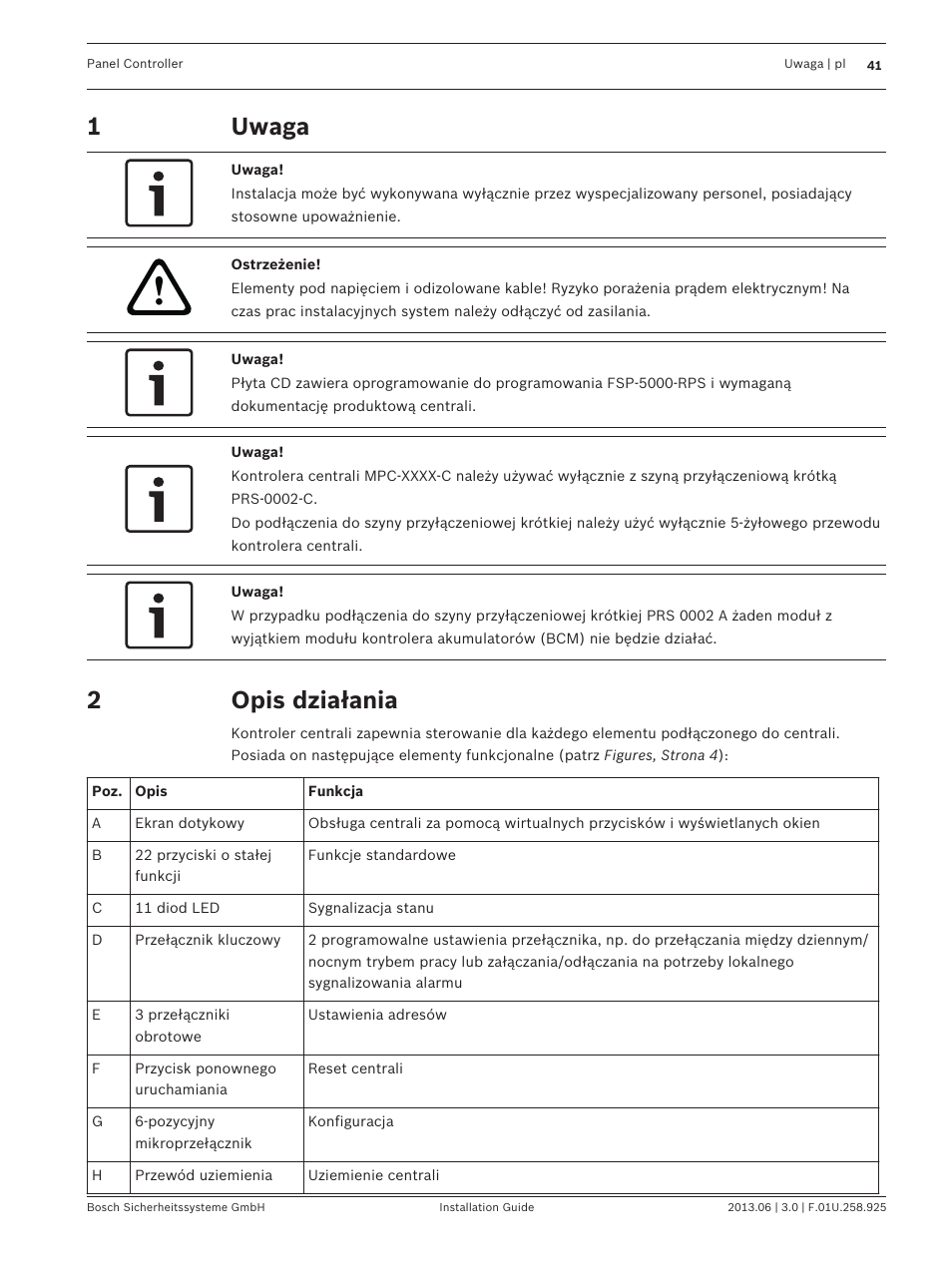 Uwaga, Opis działania | Bosch Panel Controller User Manual | Page 41 / 60