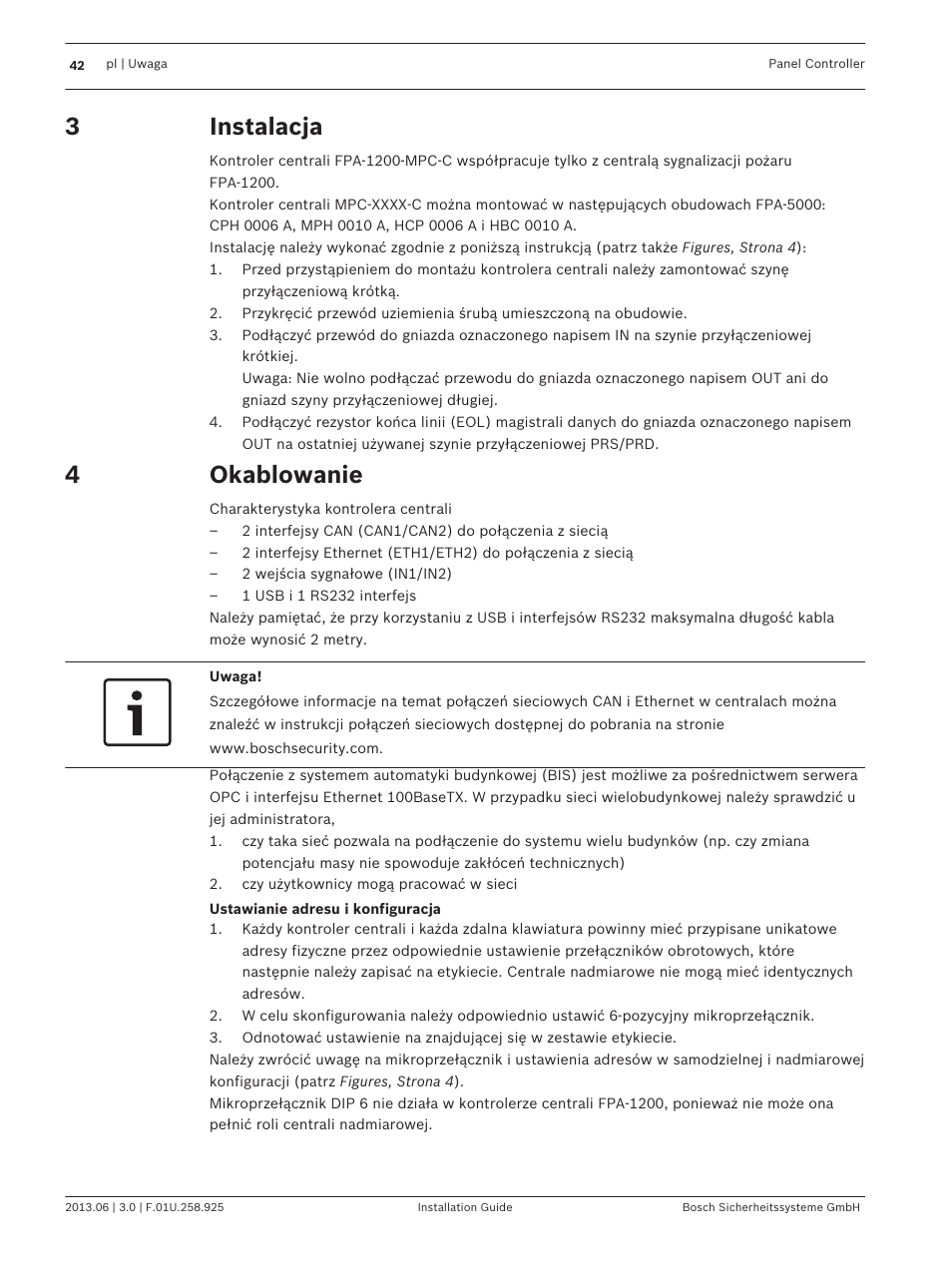 Instalacja, Okablowanie | Bosch Panel Controller User Manual | Page 42 / 60