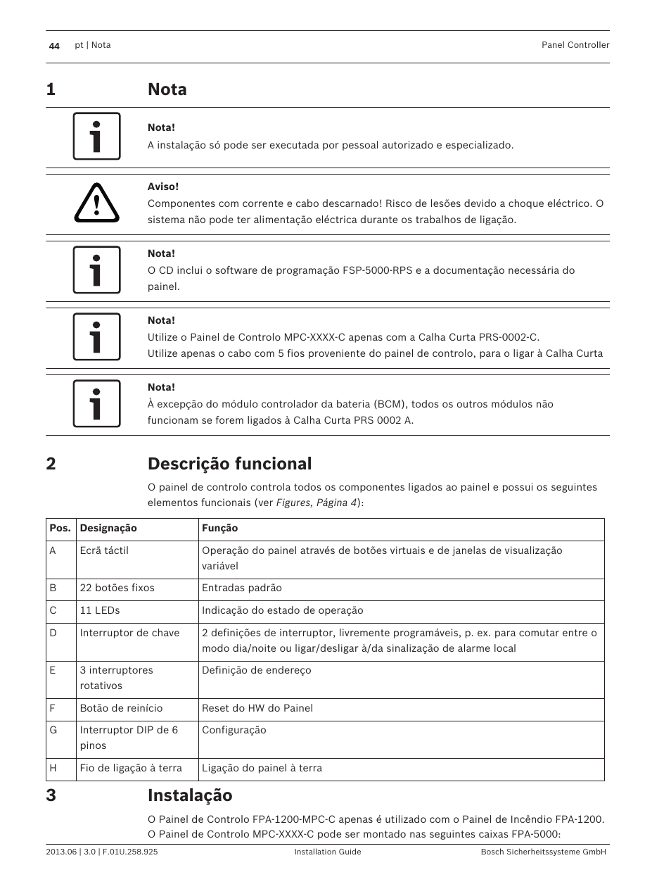 Nota, Descrição funcional, Instalação | Bosch Panel Controller User Manual | Page 44 / 60