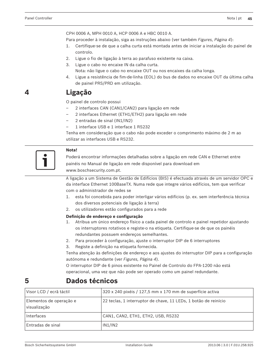 Ligação, Dados técnicos | Bosch Panel Controller User Manual | Page 45 / 60