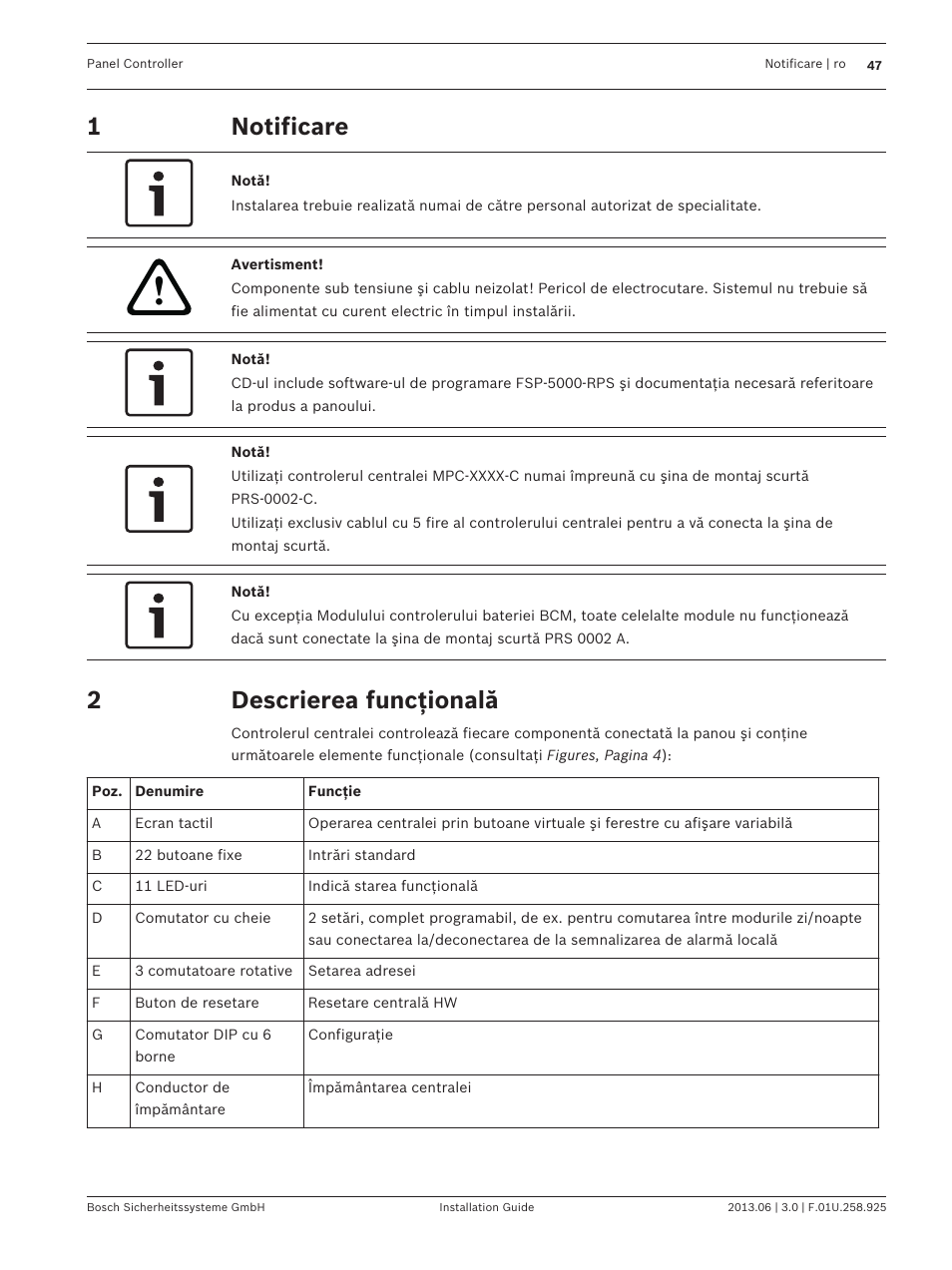 Notificare, Descrierea funcţională | Bosch Panel Controller User Manual | Page 47 / 60