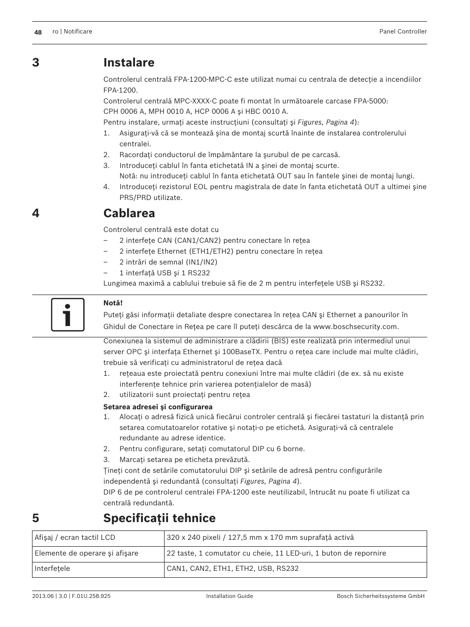 Instalare, Cablarea, Specificaţii tehnice | Bosch Panel Controller User Manual | Page 48 / 60