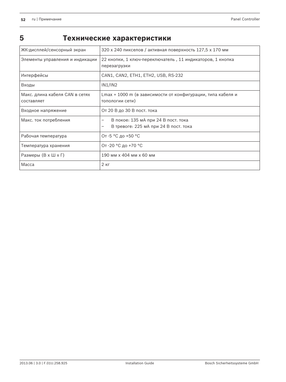 Технические характеристики | Bosch Panel Controller User Manual | Page 52 / 60
