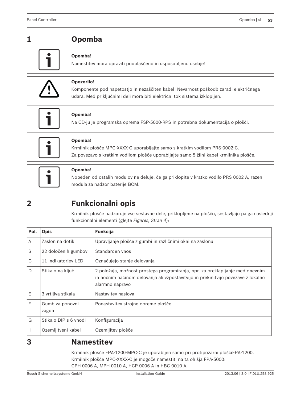 Opomba, Funkcionalni opis, Namestitev | Bosch Panel Controller User Manual | Page 53 / 60