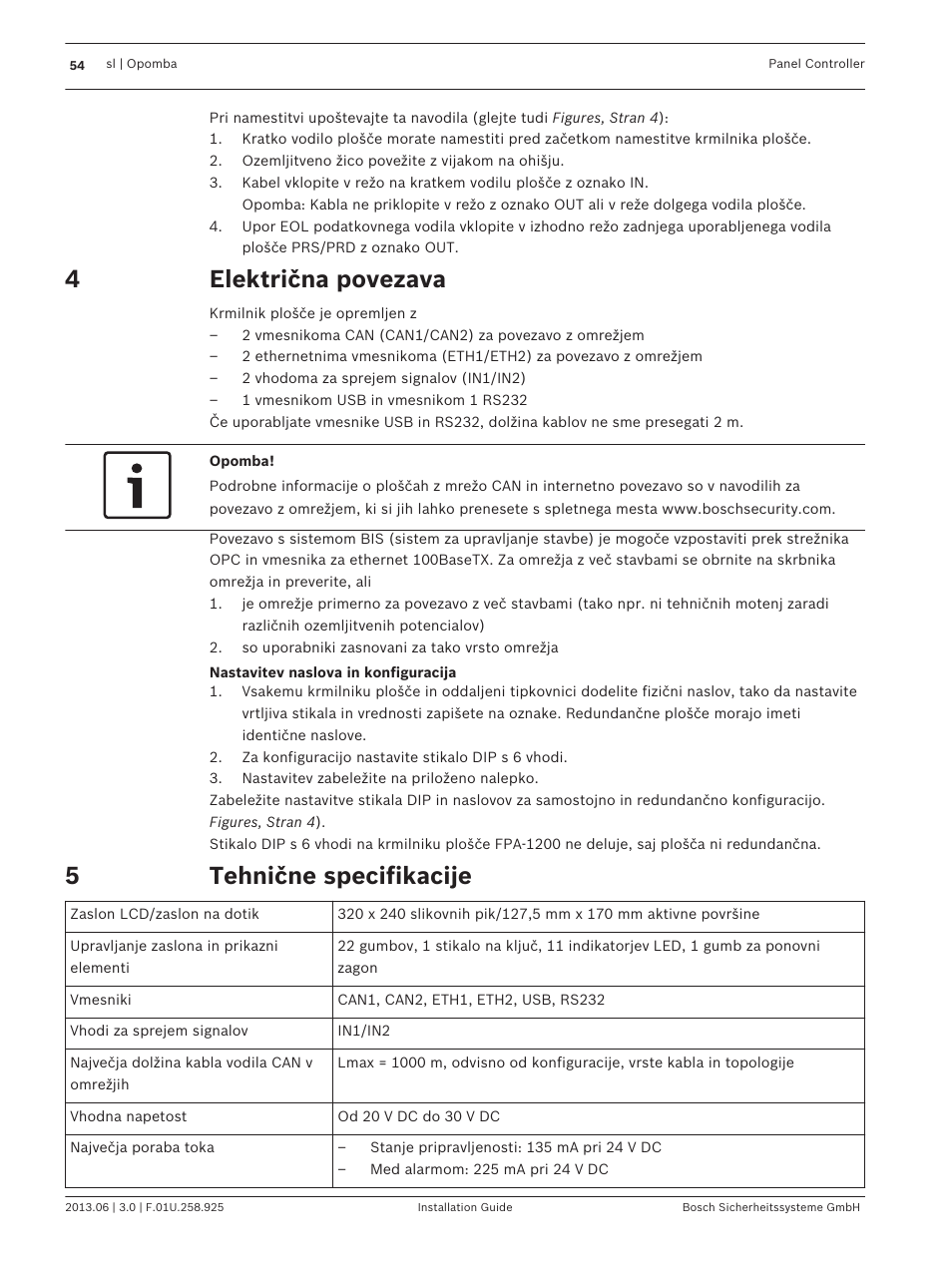 Električna povezava, Tehnične specifikacije | Bosch Panel Controller User Manual | Page 54 / 60