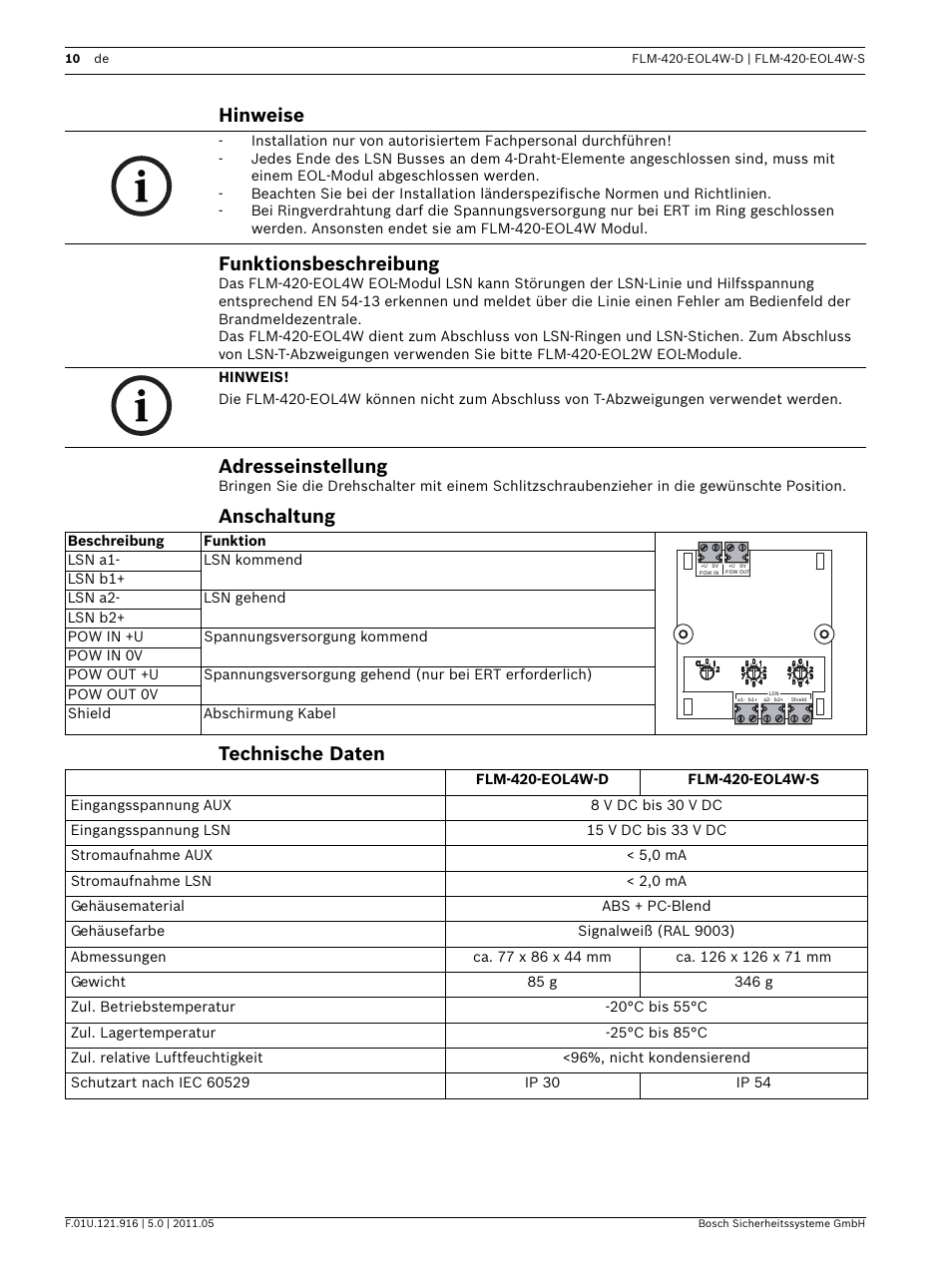 Hinweise, Funktionsbeschreibung, Adresseinstellung | Anschaltung, Technische daten, Onsanleitung, Hinweise funktionsbeschreibung, Anschaltung technische daten | Bosch FLM-420-EOL4W EOL Module LSN User Manual | Page 10 / 24