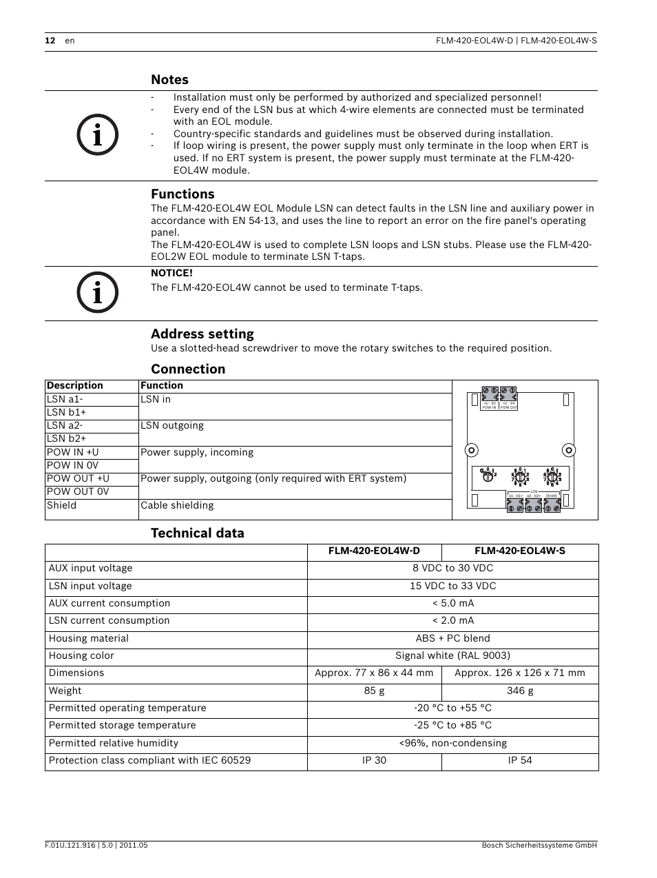 Notes, Functions, Address setting | Connection, Technical data, Connection technical data | Bosch FLM-420-EOL4W EOL Module LSN User Manual | Page 12 / 24