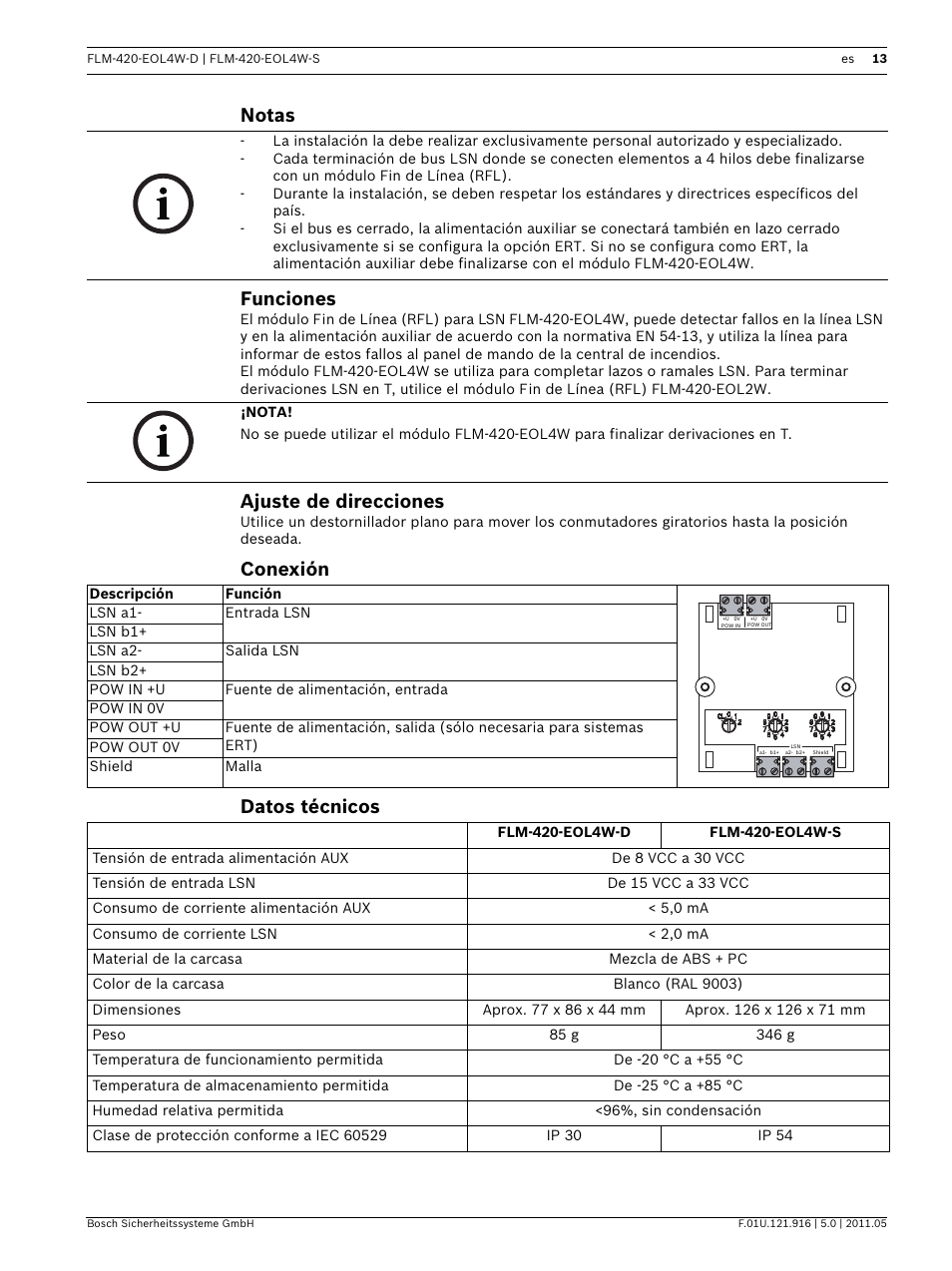 Notas, Funciones, Ajuste de direcciones | Conexión, Datos técnicos, Notas funciones, Conexión datos técnicos | Bosch FLM-420-EOL4W EOL Module LSN User Manual | Page 13 / 24