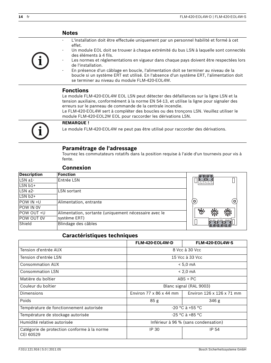 Notes, Fonctions, Paramétrage de l'adressage | Connexion, Caractéristiques techniques, Connexion caractéristiques techniques | Bosch FLM-420-EOL4W EOL Module LSN User Manual | Page 14 / 24