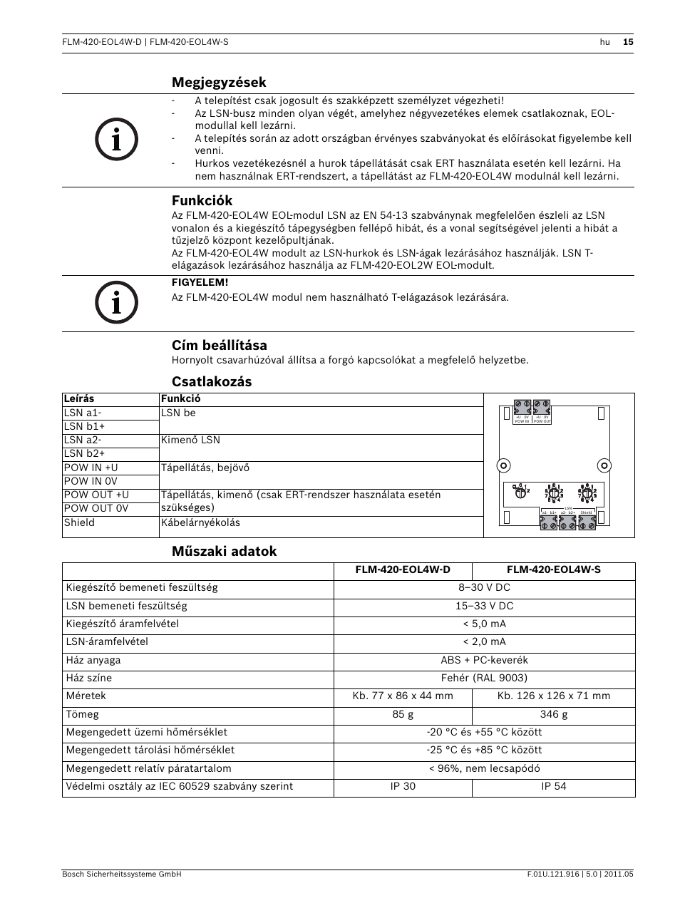 Megjegyzések, Funkciók, Cím beállítása | Csatlakozás, Műszaki adatok, Telepítési útmutató, Megjegyzések funkciók, Csatlakozás műszaki adatok | Bosch FLM-420-EOL4W EOL Module LSN User Manual | Page 15 / 24
