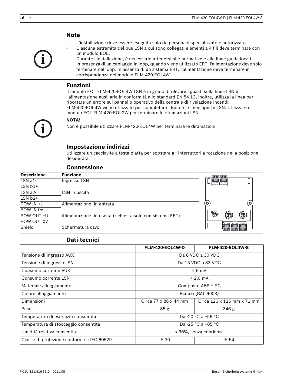 Note, Funzioni, Impostazione indirizzi | Connessione, Dati tecnici, Connessione dati tecnici | Bosch FLM-420-EOL4W EOL Module LSN User Manual | Page 16 / 24